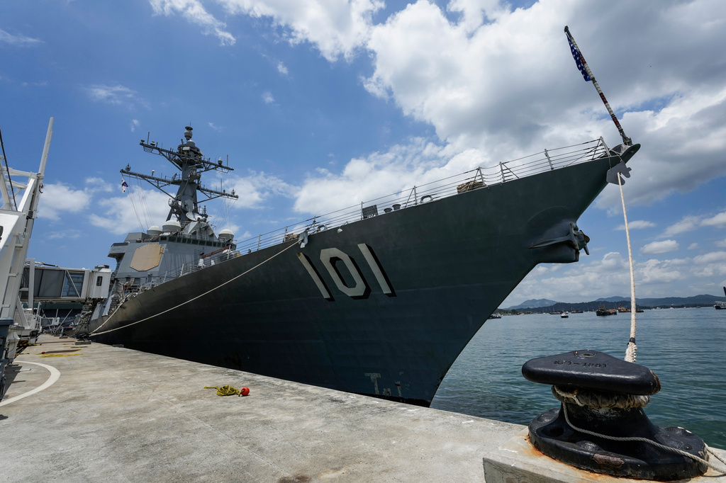 The U.S. Navy warship USS Gridley docks at a port in Panama City, Sunday, March 29, 2026. (AP Photo/Matias Delacroix)