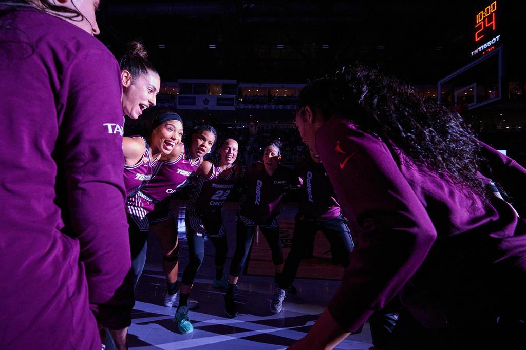 The Toronto Tempo huddle before a WNBA basketball game against the Los Angeles Sparks in Toronto, Thursday, June 25, 2026. (Sammy Kogan/The Canadian Press via AP)
