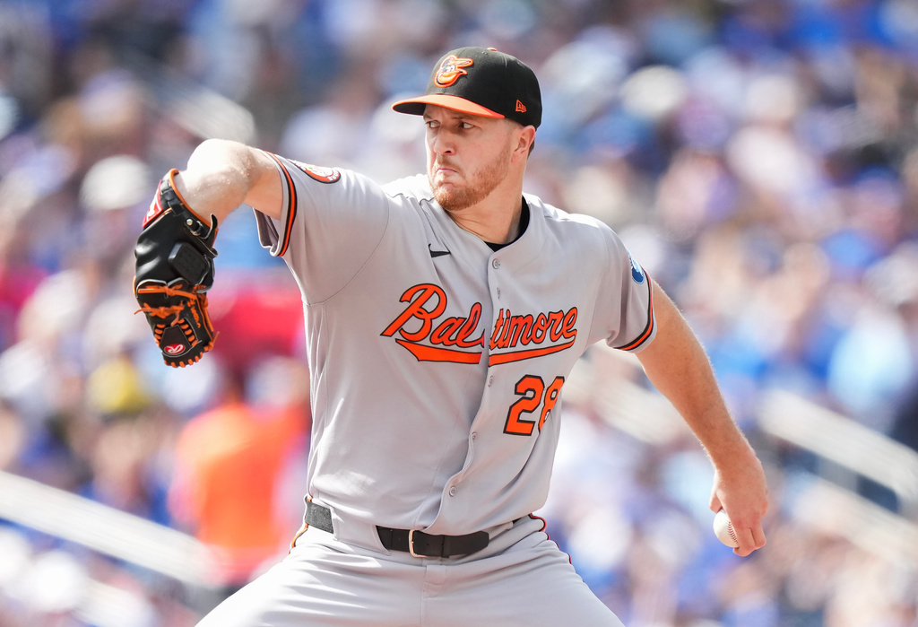 Baltimore Orioles pitcher Trevor Rogers (28) throws against the Toronto Blue Jays during second inning MLB action in Toronto on Sunday, Sept. 13, 2026. (Nathan Denette/The Canadian Press via AP)