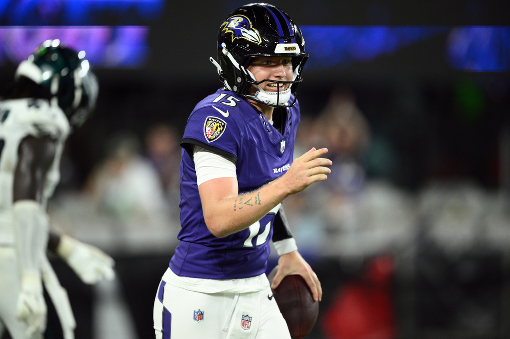 Baltimore Ravens quarterback Austin Reed (15) celebrates after scoring a touchdown against the Philadelphia Eagles during the second half of an NFL preseason football game Saturday, Aug. 15, 2026, in Baltimore. (AP Photo/Nick Wass)