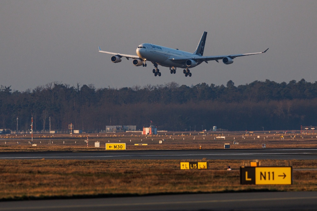 A Lufthansa plane from Muscat, Oman, the first evacuation flight on behalf of the German government, lands at Frankfurt Airport in Frankfurt/Main, Germany Thursday, March 5, 2026. (Hannes P. Albert/dpa via AP)