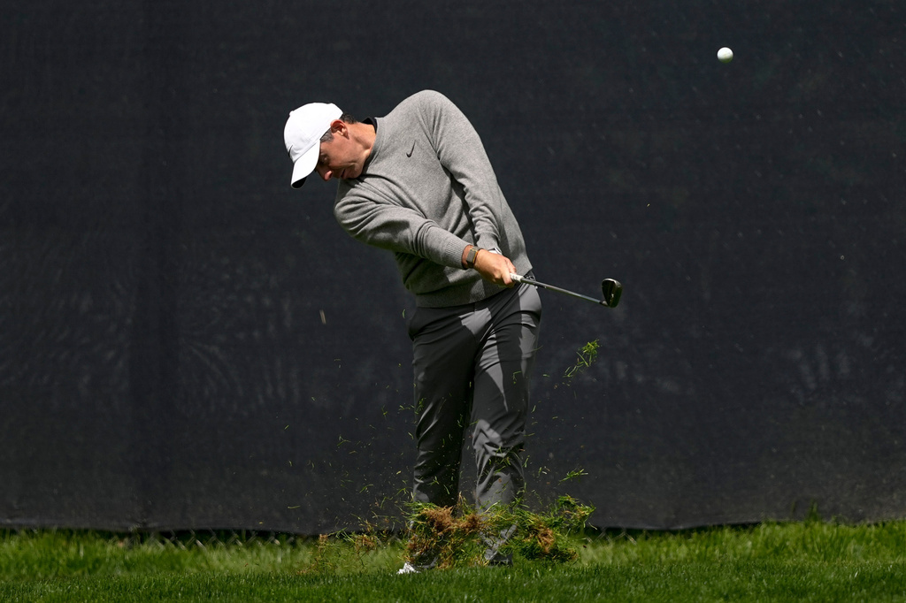 Rory McIlroy, of Northern Ireland, hits from the first fairway during the second round of the PGA Championship golf tournament at Aronimink Golf Club, Friday, May 15, 2026, in Newtown Square, PA. (AP Photo/Carolyn Kaster)