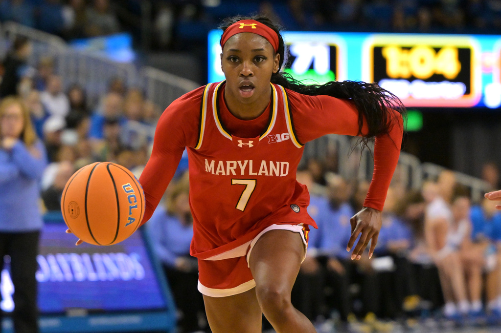 FILE - Maryland guard Oluchi Okananwa handles the ball during the second half of an NCAA college basketball game against UCLA, Jan. 18, 2026, in Los Angeles. (AP Photo/Jayne Kamin-Oncea, File)