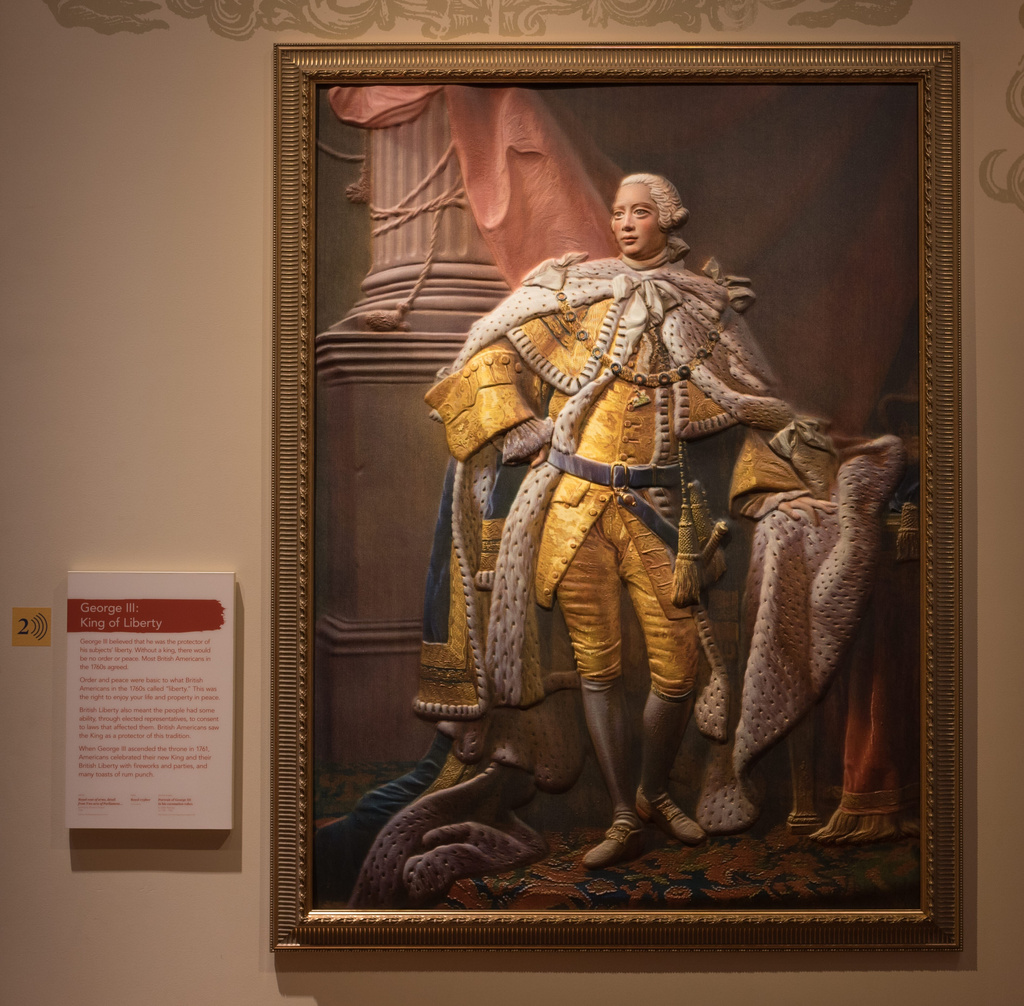 This photo provided by the Museum of the American Revolution shows a 3D version of King George III’s coronation portrait in a gallery at the Museum of the American Revolution in Philadelphia. (Ardon Bar-Hama/Museum of the American Revolution via AP)