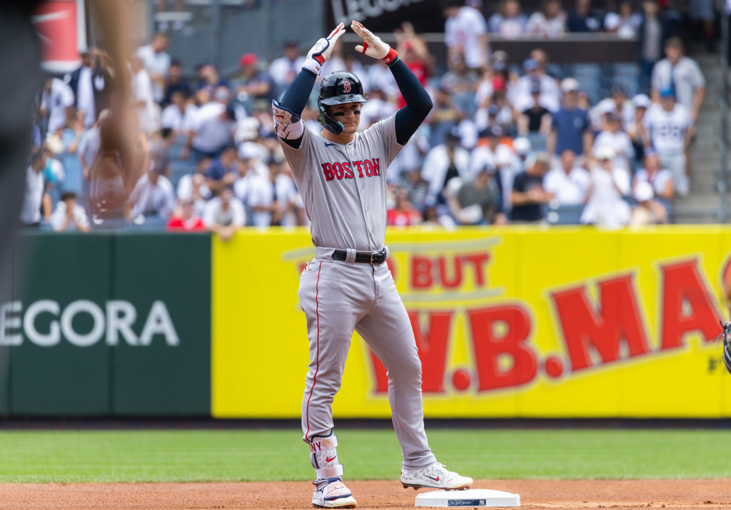 Boston Red Sox's Roman Anthony celebrates after his ground rule double in the first inning during a baseball game against the New York Yankees, Sunday, Aug. 30, 2026, in New York. (AP Photo/Corey Sipkin)