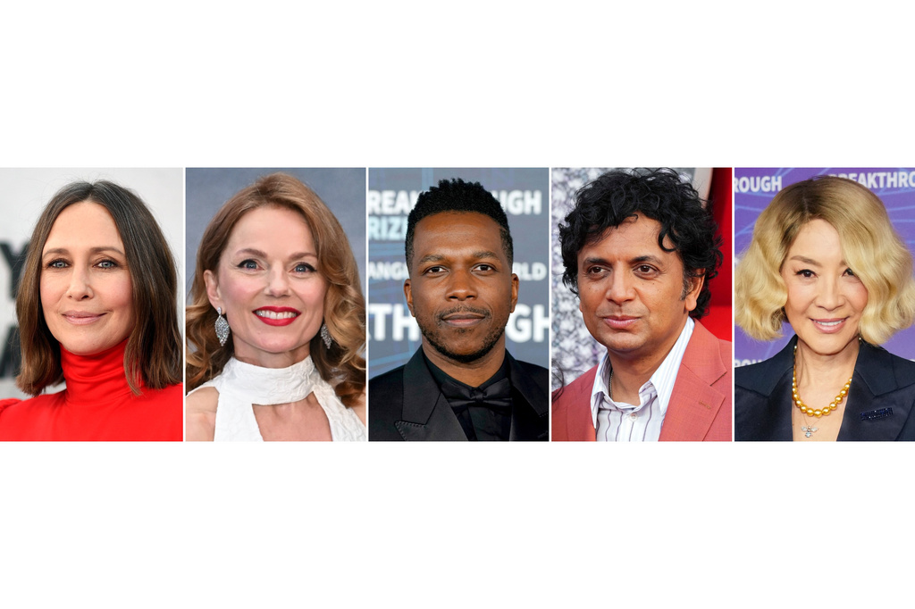 This combination of images shows celebrities born on August 6, from left, Vera Farmiga, Geri Halliwell Horner, Leslie Odom Jr.. M. Night Shyamalan, and Michelle Yeoh. (AP Photo)