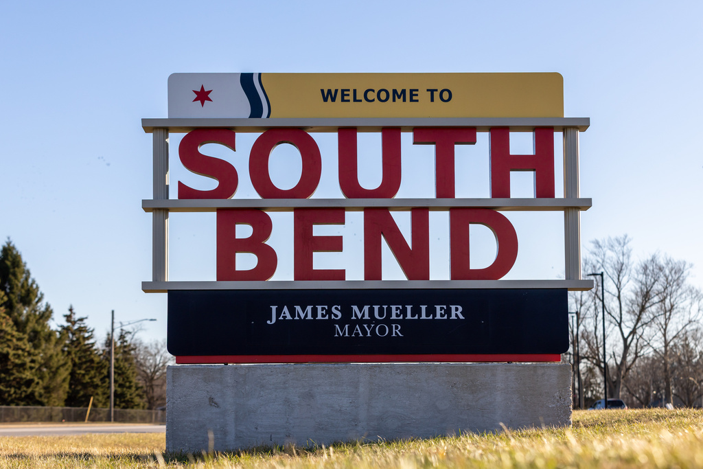 A "Welcome to South Bend" sign is seen Wednesday, Feb. 18, 2026, in South Bend, Ind. (AP Photo/Michael Caterina)