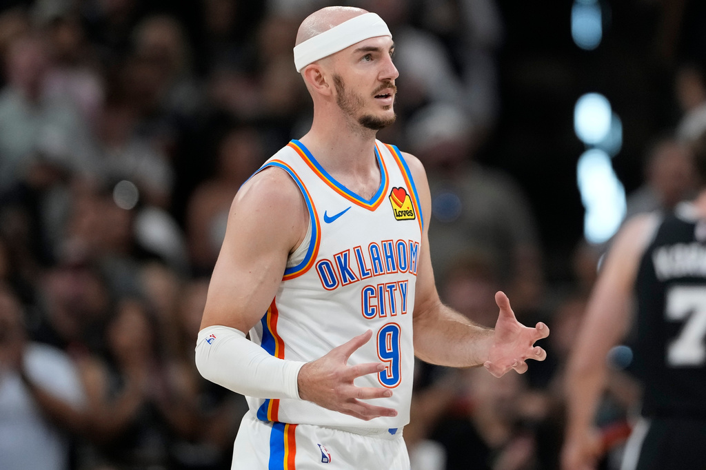 Oklahoma City Thunder guard Alex Caruso (9) reacts against the San Antonio Spurs in the second half of Game 6 in the Western Conference finals NBA basketball playoffs series, Thursday, May 28, 2026, in San Antonio. (AP Photo/David J. Phillip)