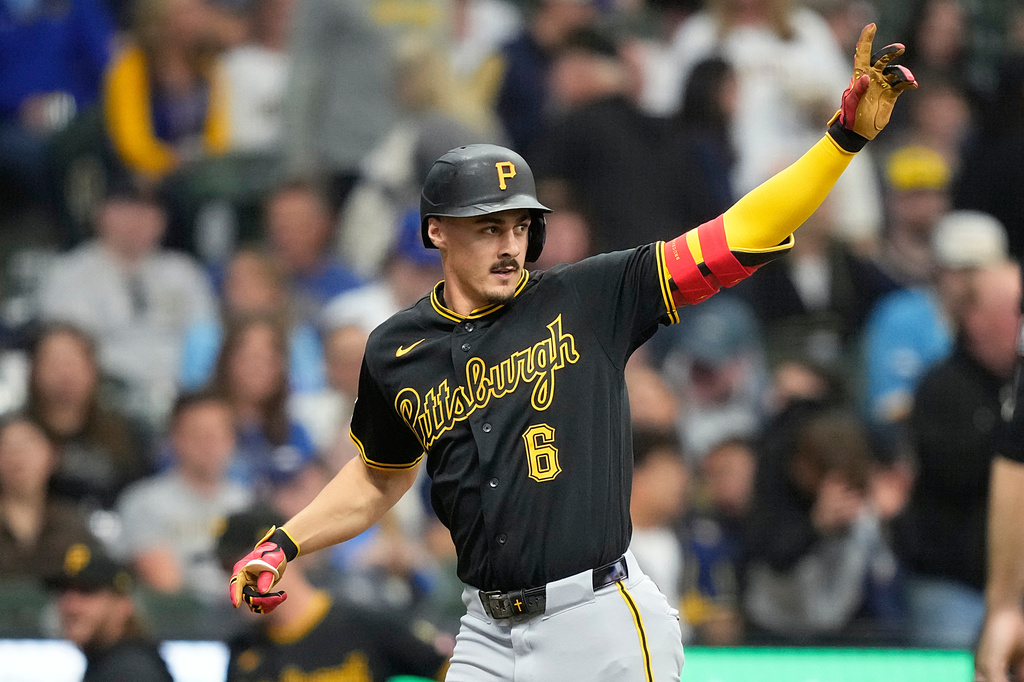 Pittsburgh Pirates' Konnor Griffin reacts after hitting his first major league home run during the third inning of a baseball game against the Milwaukee Brewers, Friday, April 24, 2026, in Milwaukee. (AP Photo/Kayla Wolf)