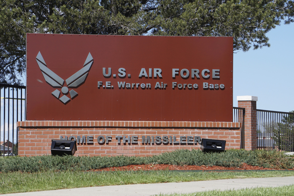 FILE - The entrance to F.E. Warren Air Force Base in Cheyenne, Wyo., May 24, 2108. (AP Photo/Mead Gruver, File)