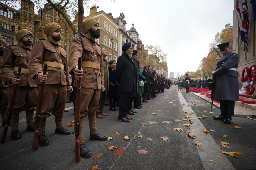 Soldiers from 1914 Sikhs Ceremonial Marching Troop attend the annual Service of Remembrance at The Cenotaph on Armistice Day in London, Tuesday, Nov. 11, 2025. (AP Photo/Kin Cheung)