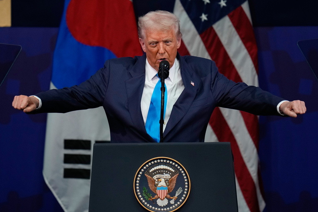 United States President Donald Trump speaks at the Asia-Pacific Economic Cooperation (APEC) CEO summit in Gyeongju, South Korea, Wednesday, Oct. 29, 2025. (AP Photo/Ng Han Guan)