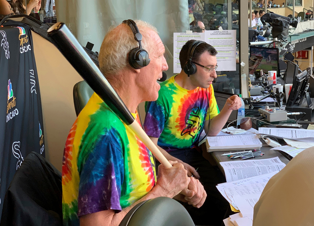 FILE -Bill Walton does commentary on NBC Sports Chicago for the Chicago White Sox's baseball game against the Los Angeles Angels on Aug. 16, 2019, in Anaheim, Calif. (AP Photo/Joe Reedy, File)