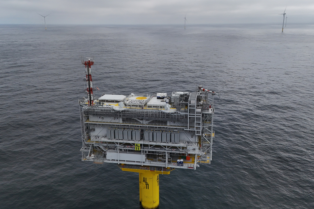 The Revolution Wind central hub or substation for the offshore wind farm is visible Thursday, April 23, 2026, off the coast of Rhode Island. (AP Photo/Joshua A. Bickel)