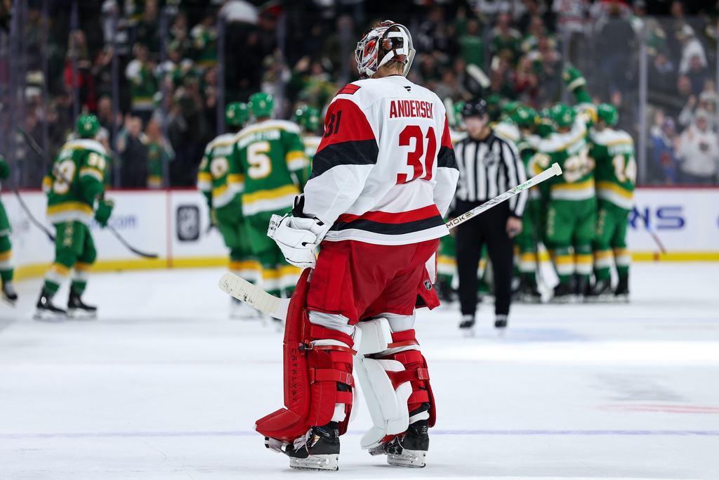 Carolina Hurricanes goaltender Frederik Andersen (31) skates off the ice after his teams shootout loss after an NHL hockey game Wednesday, Nov. 19, 2025, in St. Paul, Minn. (AP Photo/Matt Krohn)