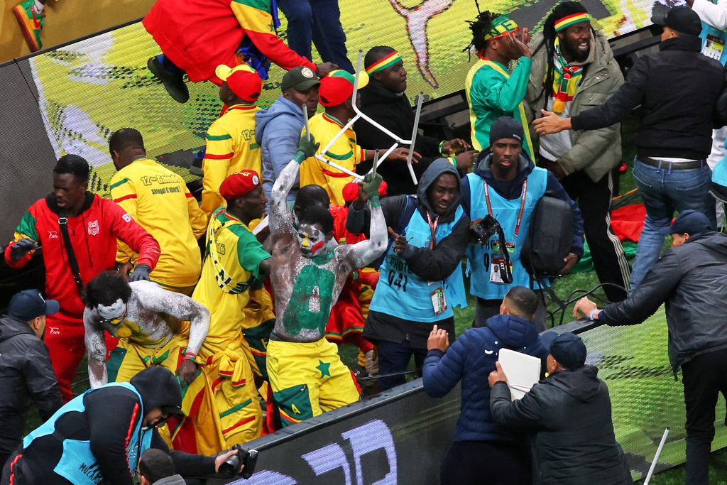 FILE - Senegal supporters protest after a controversial penalty was awarded to Morocco during the Africa Cup of Nations final soccer match between Senegal and Morocco on Jan. 18, 2026, in Rabat, Morocco. (AP Photo/Youssef Loulidi, File)