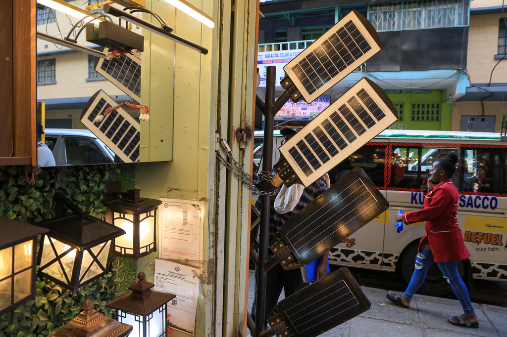 Solar-powered street lights are displayed for sale in Nairobi, Kenya, Thursday, July 16, 2026. (AP Photo/Andrew Kasuku) CORRECTION: Corrects day to Thursday instead of Tuesday.