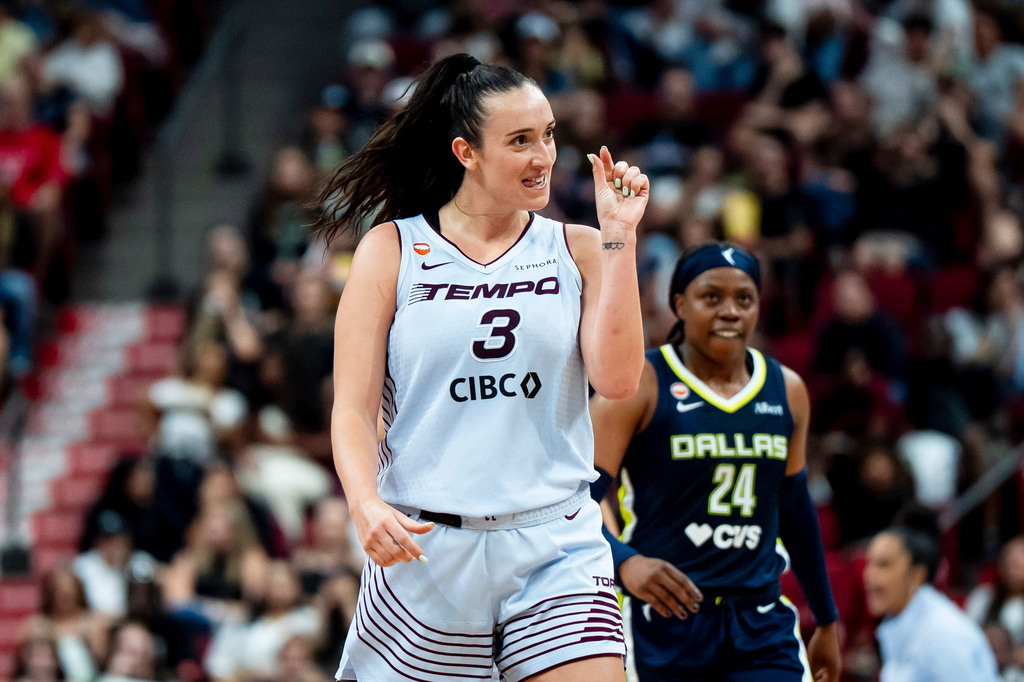 Toronto Tempo's Marina Mabrey (3) gestures after missing a 3-point basket during the second half of a WNBA basketball game against the Dallas Wings in Montreal, Friday, July 10, 2026. (Christopher Katsarov/The Canadian Press via AP)