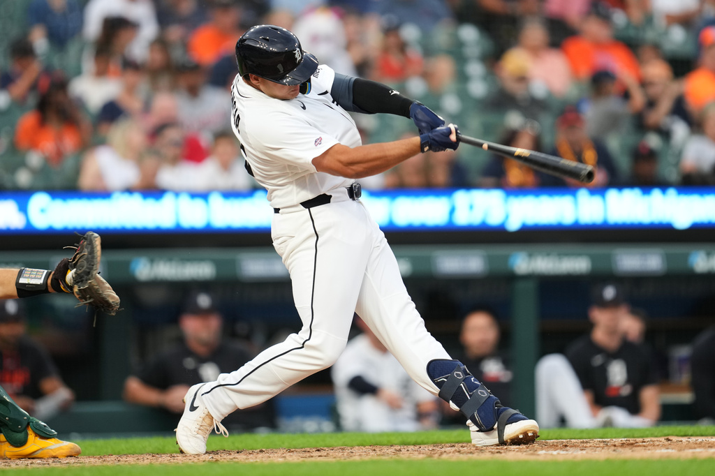 Detroit Tigers' Eduardo Valencia hits a home run against the Athletics during the seventh inning of a baseball game Thursday, July 9, 2026, in Detroit. (AP Photo/Paul Sancya)