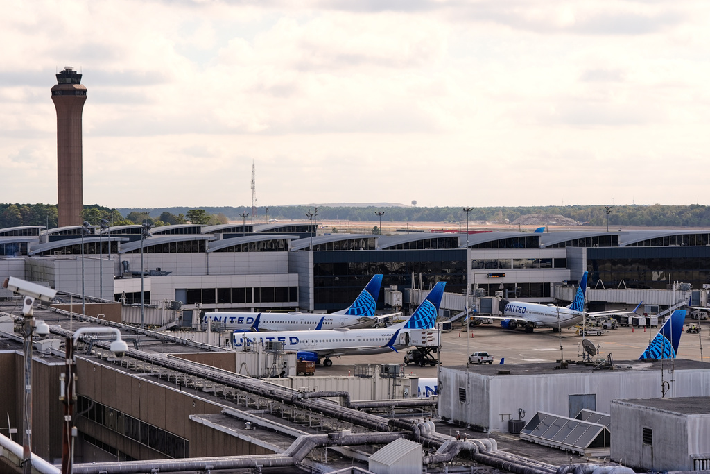 United Airlines planes are parked at gates at George Bush Intercontinental Airport on Friday, Nov. 7, 2025, in Houston. (AP Photo/Ashley Landis)