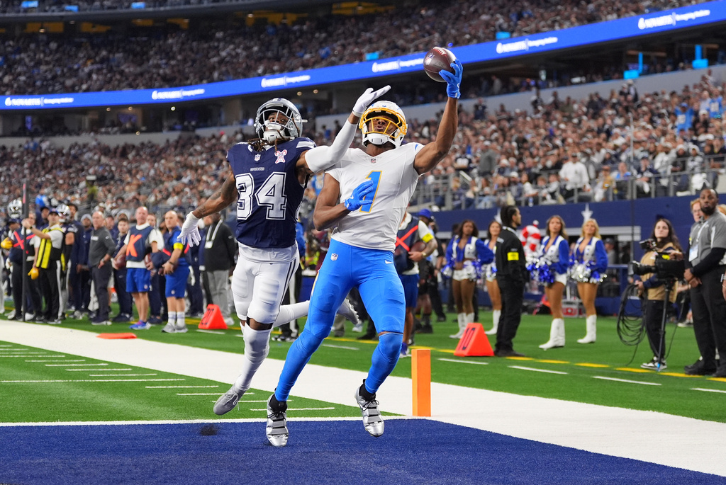 Los Angeles Chargers wide receiver Quentin Johnston (1) makes a touchdown catch past Dallas Cowboys cornerback Shavon Revel during the first half of an NFL football game Sunday, Dec. 21, 2025, in Arlington, Texas. (AP Photo/Tony Gutierrez)