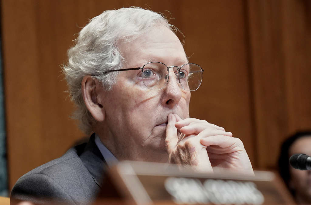 FILE - Sen. Mitch McConnell, R-Ky., listens during a Senate Committee on Appropriations subcommittee hearing on Capitol Hill, June 26, 2025, in Washington. (AP Photo/Mariam Zuhaib, File)