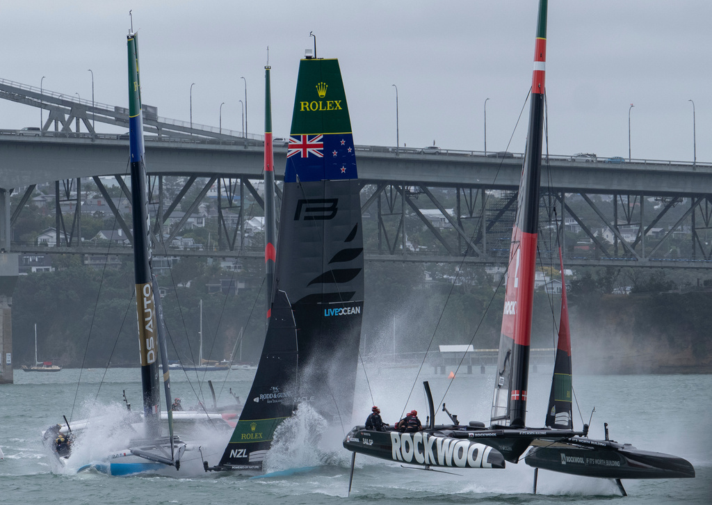 Black Foils SailGP Team helmed by Peter Burling and DS Automobiles SailGP Team France helmed by Quentin Delapierre collide during racing on Race Day 1 of the ITM New Zealand Sail Grand Prix in Auckland, New Zealand, Saturday, Feb. 14, 2026. (Andrew Baker/ SailGP via AP)