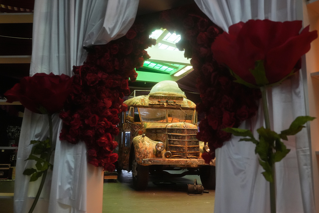 Ken Kesey's psychedelic bus "Furthur" is displayed at the Forever Grateful exhibit presented by the Haight Street Art Center at the County Fair Building in Golden Gate Park, Tuesday, Sept. 1, 2026, in San Francisco. (AP Photo/Jeff Chiu)