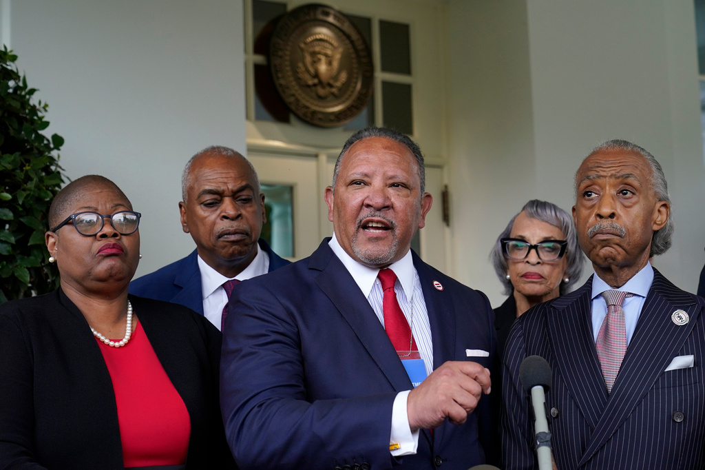 FILE - Marc Morial, center, President and Chief Executive Officer of the National Urban League, talks with reporters outside the West Wing of the White House in Washington, July 8, 2021, following a meeting with President Joe Biden and leadership of top civil rights organizations. (AP Photo/Susan Walsh, File)