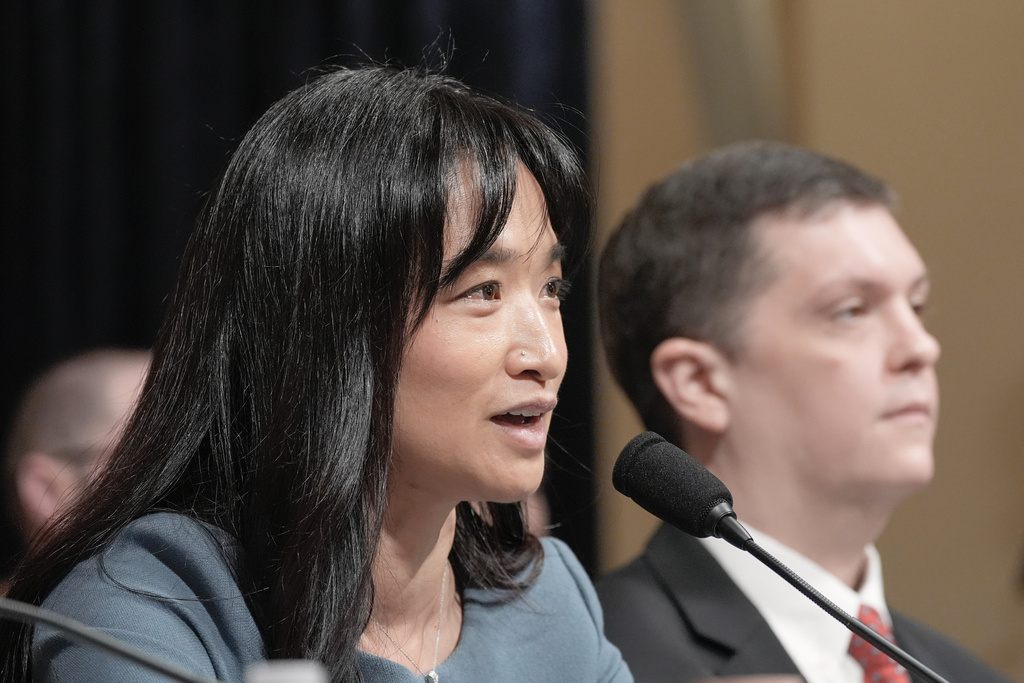 Senior Official Performing the Duties of the Administrator Ha Nguyen McNeill, left, testifies as Nicholas Andersen, acting director of the Cybersecurity and Infrastructure Security Agency, right, listens during a House Committee on Homeland Security hearing on Capitol Hill, Wednesday, March 25, 2026, in Washington. (AP Photo/Mariam Zuhaib)
