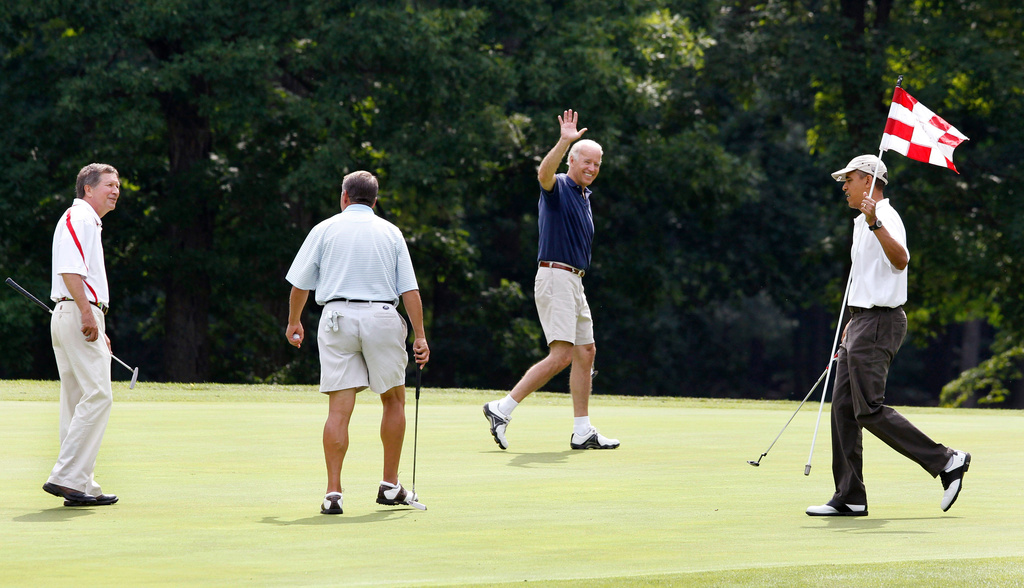 FILE - President Barack Obama, from right, Vice President Joe Biden, House Speaker John Boehner, R-Ohio, and Ohio Gov. John Kasich walk on the first green during a round of golf at Andrews Air Force Base, Md., June 18, 2011. (AP Photo/Charles Dharapak, File)