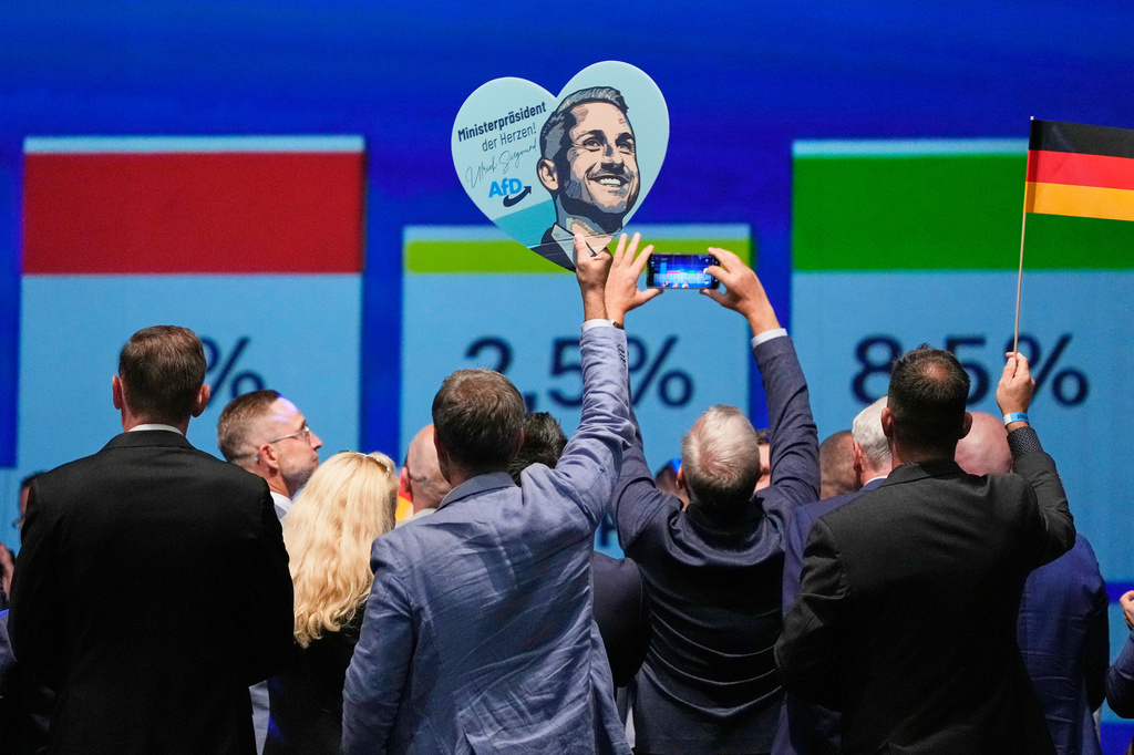 Party members celebrate with a sign of AfD top candidate Ulrich Siegmund after the first results at an election party of the "Alternative for Germany" (AfD) after the Saxony-Anhalt state elections in Magdeburg, eastern Germany, Sunday, Sept. 6, 2026. (AP Photo/Matthias Schrader)