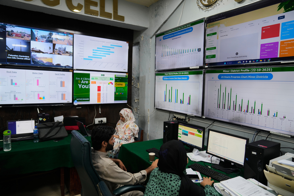 Employees of Environment Protection Agency monitor smog and air quality in a monitoring room, called the Smog Cell, in Lahore, Pakistan, Thursday, Oct. 23, 2025. (AP Photo/K.M. Chaudary)