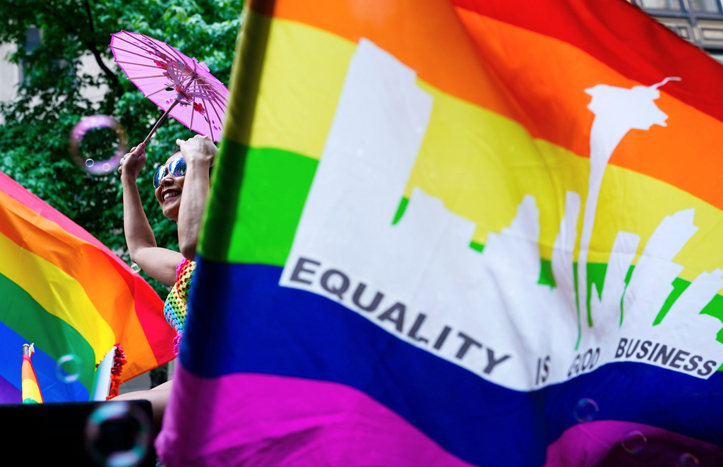 FILE - Sasha Peretti dances on the Greater Seattle Business Association float during the annual Seattle Pride Parade, June 25, 2023, in Seattle. (AP Photo/Lindsey Wasson, File)