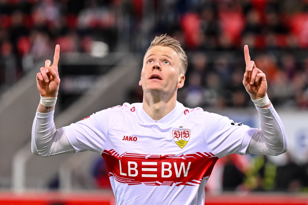 Stuttgart's Chris Führich celebrates scoring during the Bundesliga soccer match between FC Heidenheim and VfB Stuttgart in Heidenheim, Germany, Sunday Feb. 22, 2026. (Harry Langer/dpa via AP)