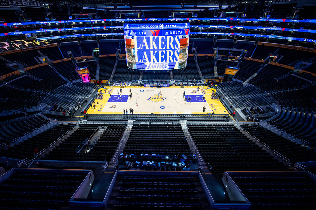 FILE - Crypto Arena is viewed before a Los Angeles Lakers NBA basketball game against the Memphis Grizzlies, Jan. 4, 2026, in Los Angeles. (AP Photo/Ethan Swope, File)