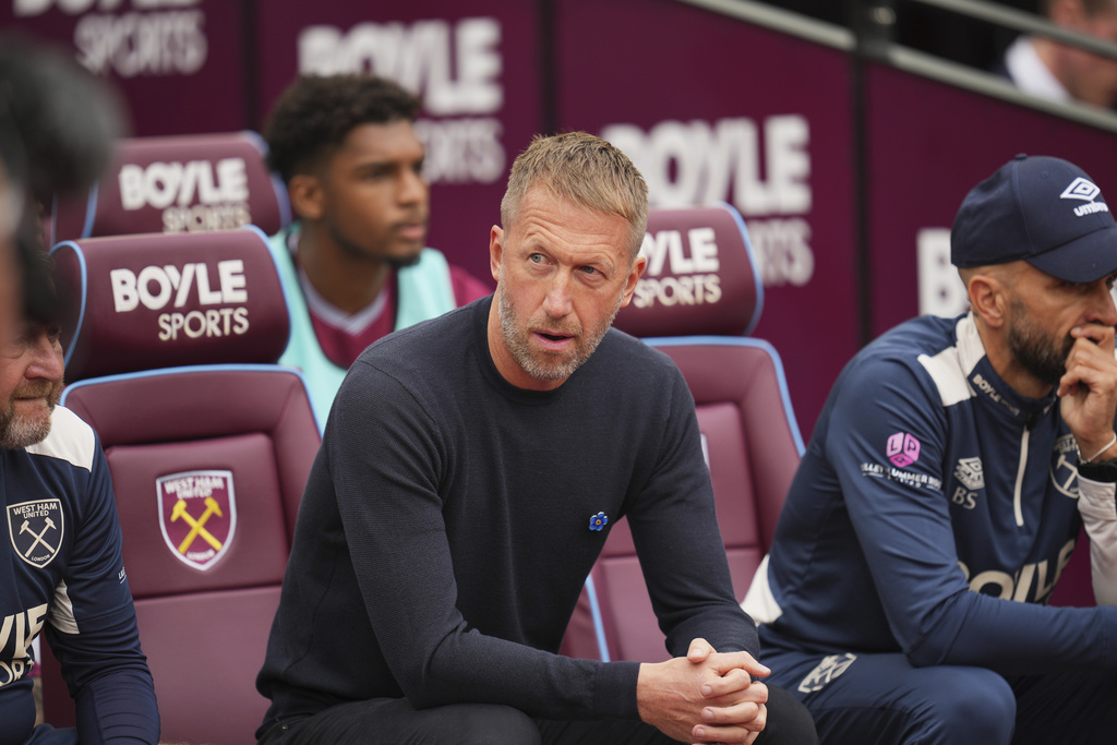 West Ham's head coach Graham Potter sits on the bench prior to the English Premier League soccer match between West Ham United and Crystal Palace at the London Stadium in London, Saturday, Sept. 20, 2025. (AP Photo/Kin Cheung)