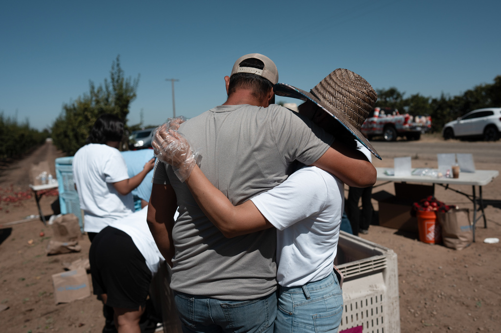 Cesar Mora, left, and his wife, Juliana, hug after a free nectarine giveaway at Mora's orchard in Reedley, Calif., Wednesday, July 1, 2026. (AP Photo/Jae C. Hong)