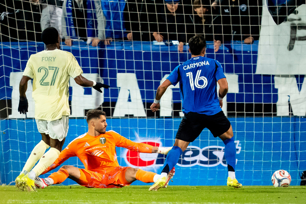 CF Montreal's Wiki Carmona (16) scores on Portland Timbers goalkeeper James Pantemis, center, during the first half of an MLS soccer game in Montreal on Wednesday, May 13, 2026. (Christopher Katsarov/The Canadian Press via AP)