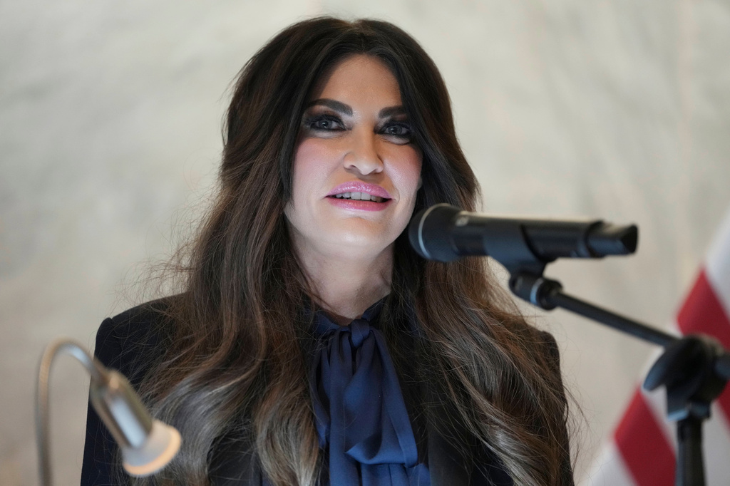 U.S. Ambassador to Greece Kimberly Guilfoyle speak during a dedication ceremony at the chancery of the U.S. Embassy, Wednesday, Oct. 7, 2026, in Athens, Greece. (AP Photo/Mark Schiefelbein, Pool)