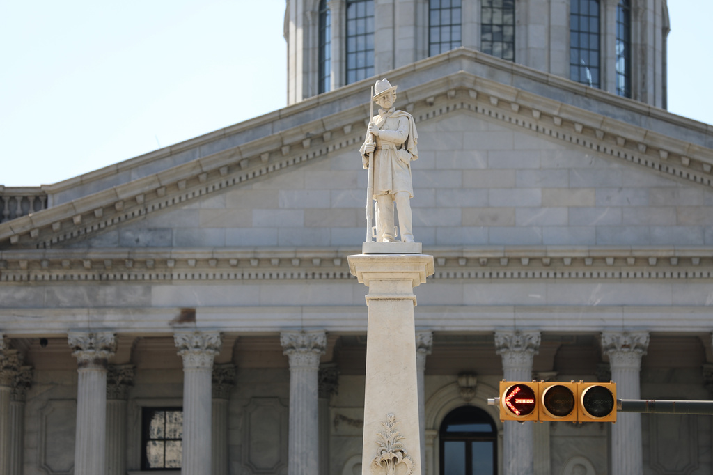 A monument to Confederate soldiers is seen outside the South Carolina Statehouse on Tuesday, April 14, 2026, in Columbia, S.C. (AP Photo/Jeffrey Collins)