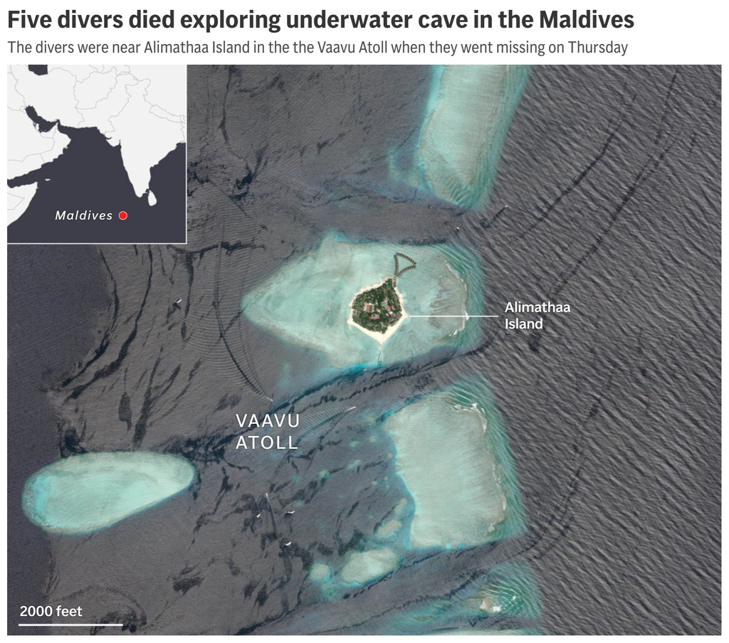Map showing where five divers in the Maldives died exploring a cave. (AP Digital Embed)