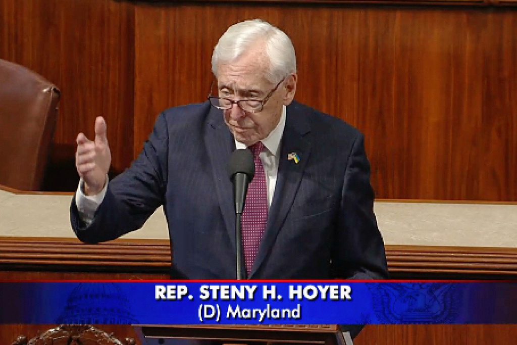 In this image provided by House Television, Rep. Steny Hoyer speaks on the House floor, Thursday, Jan. 8, 2025, at the Capitol in Washington. (House Television via AP)