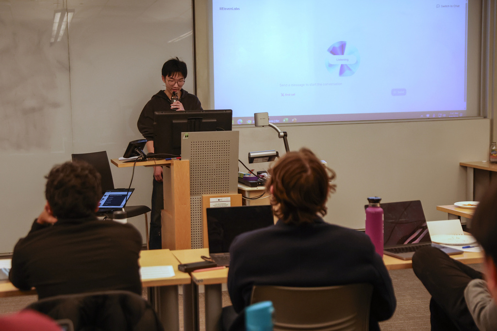 Student Brian Dai uses an oral AI agent during class at NYU Stern School of Business, March 4, 2026, in New York. (AP Photo/Heather Khalifa)