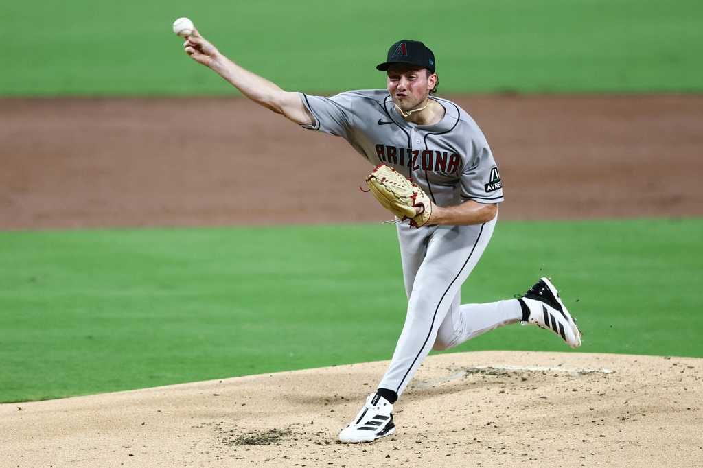 Arizona Diamondbacks starting pitcher Brandon Pfaadt works against a San Diego Padres batter in the second inning of a baseball game Friday, Sept. 25, 2026, in San Diego. (AP Photo/Karl Anderson)