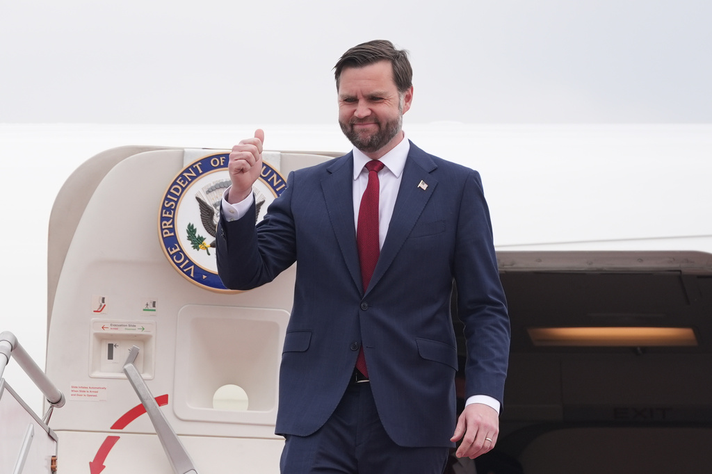 U.S. Vice President JD Vance disembarks from Air Force Two after arriving for talks with Iranian officials in Islamabad, Pakistan, Saturday, April 11, 2026. (AP Photo/Jacquelyn Martin, Pool)