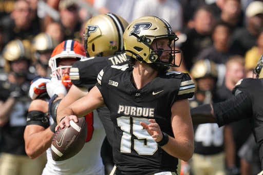 Purdue quarterback Ryan Browne (15) looks to throw during the first half of an NCAA college football game against Illinois, Saturday, Oct. 4, 2025, in West Lafayette, Ind. (AP Photo/Darron Cummings) Purdue quarterback Ryan Browne (15) looks to throw during the first half of an NCAA college football game against Illinois, Saturday, Oct. 4, 2025, in West Lafayette, Ind. (AP Photo/Darron Cummings)