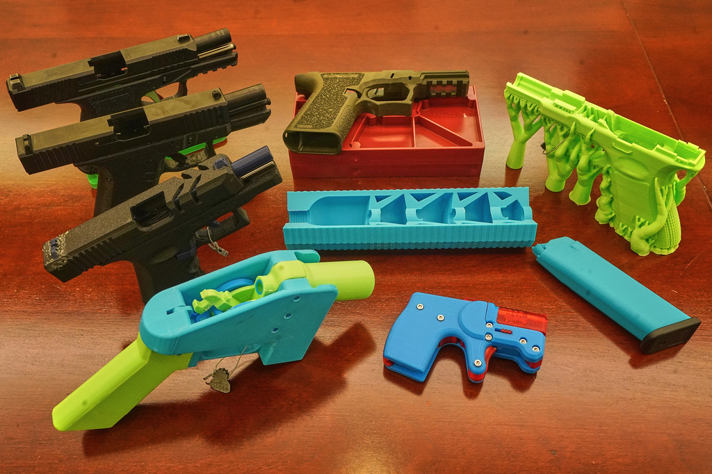 FILE - Ghost guns, provided by the New York City Police Department, are displayed in the Manhattan District Attorney's office, in New York, Oct. 15, 2025. (AP Photo/Richard Drew, File)