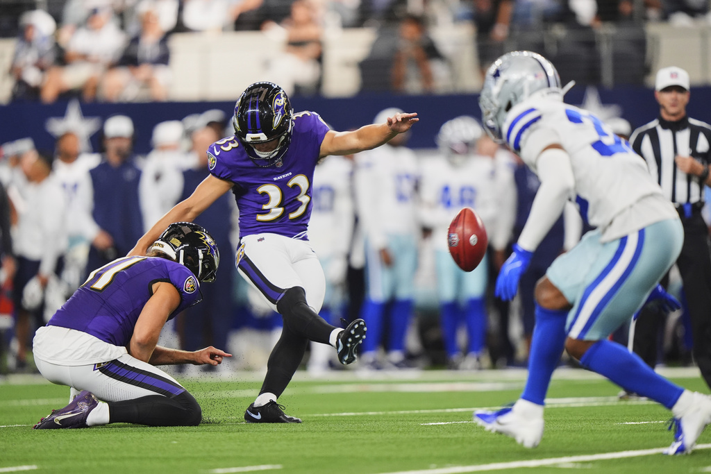 Baltimore Ravens place kicker Tyler Loop (33) kicks a field goal in the first half of a preseason NFL football game against the Dallas Cowboys Saturday, Aug. 16, 2025, in Arlington, Texas. (AP Photo/LM Otero)