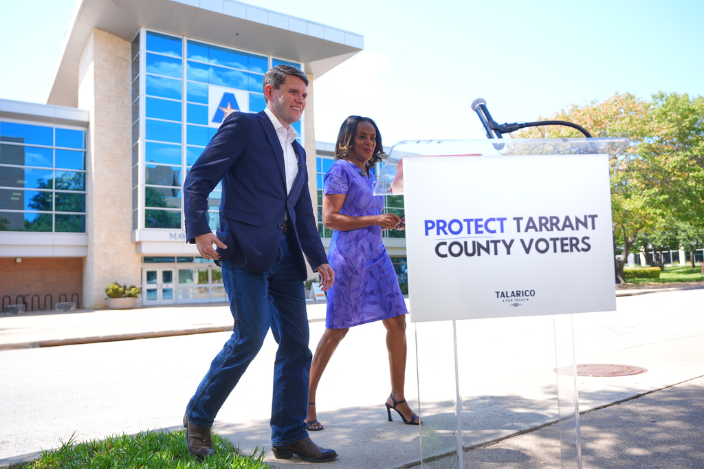 Democratic Senate candidate James Talarico, left, and Tarrant County Commissioner Alisa Simmons arrive for a news conference at UTA, Sunday, Aug. 30, 2026, in Arlington, Texas. (AP Photo/LM Otero)
